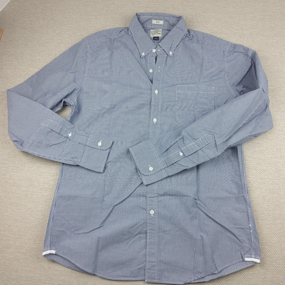 JCrew 2Ply 100% Cotton SLim Fit‎ L/S Button Down, Blue/White Checkered, Mens L